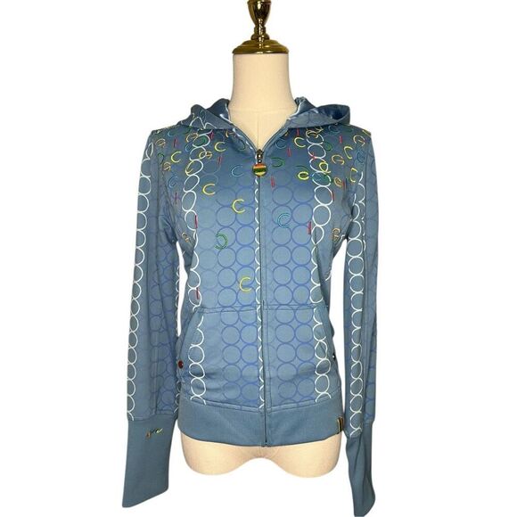 COOGI Tops - COOGI Women’s Medium Zip Up Jacket Blue Embroidered All Over Print Hoodie